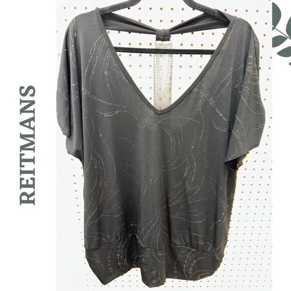 Reitmans Black Silver Sparkle metallic V-Neck Women's Top Chain Metal Size 2X - Picture 1 of 5
